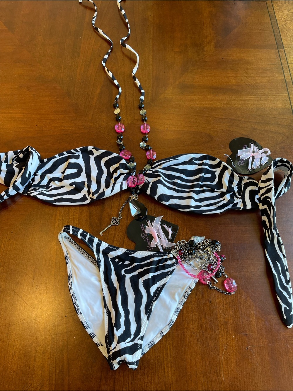 NWT beach bunny bikini set XL top, S bottoms Zebra and hot pink beads - Picture 11 of 15